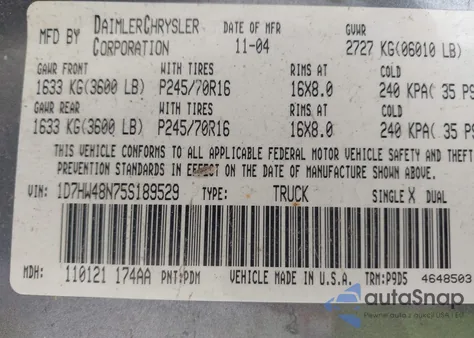 2005 Dodge Dakota Slt z USA, uszkodzony, nr VIN 1D7HW48N75S189529